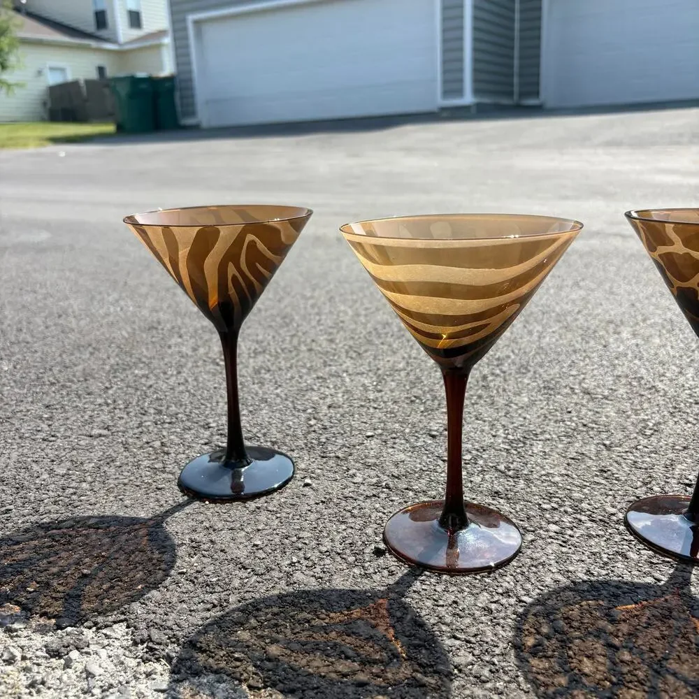 1990’s Blown Glass Brown Tortoise and Zebra Matte Vintage Martini Glasses